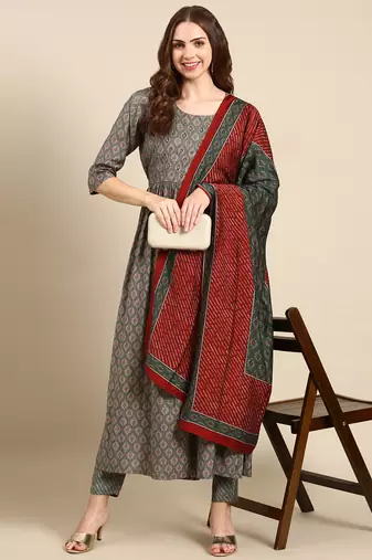 women's round neck ethnic motifs foil print green anarkali kurta and trouser with dupatta