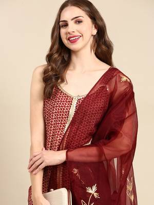 women's shoulder straps geometric maroon straight kurta and sharara with dupatta 1