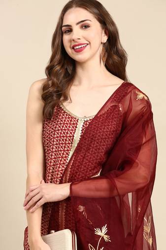women's shoulder straps geometric maroon straight kurta and sharara with dupatta