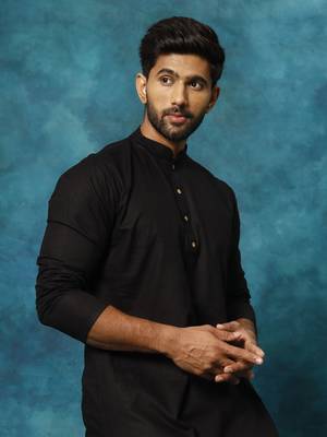 Black Cotton Blend Kurta Pyjama Set 4