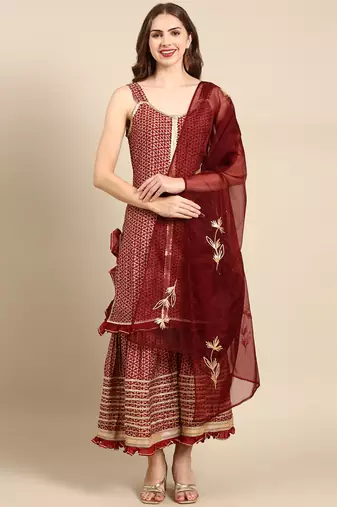 women's shoulder straps geometric maroon straight kurta and sharara with dupatta
