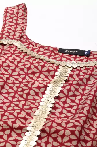 women's shoulder straps geometric maroon straight kurta and sharara with dupatta