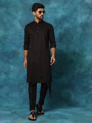 Black Cotton Satin Blend Kurta Pyjama Set 1