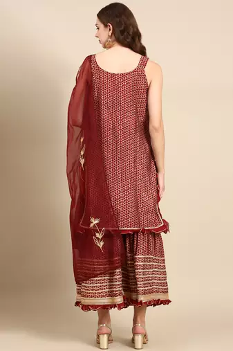 women's shoulder straps geometric maroon straight kurta and sharara with dupatta