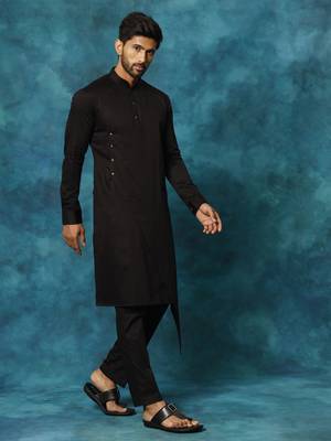 Black Cotton Satin Blend Kurta Pyjama Set 2