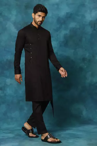Black Cotton Satin Blend Kurta Pyjama Set