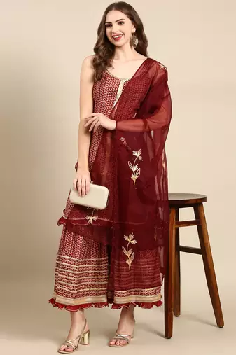 women's shoulder straps geometric maroon straight kurta and sharara with dupatta