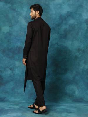 Black Cotton Satin Blend Kurta Pyjama Set 3