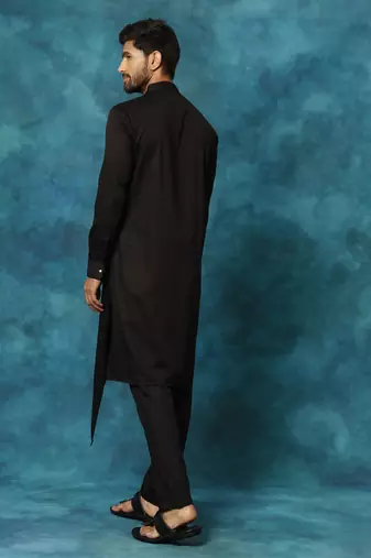 Black Cotton Satin Blend Kurta Pyjama Set