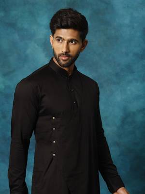 Black Cotton Satin Blend Kurta Pyjama Set 4