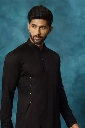 Black Cotton Satin Blend Kurta Pyjama Set