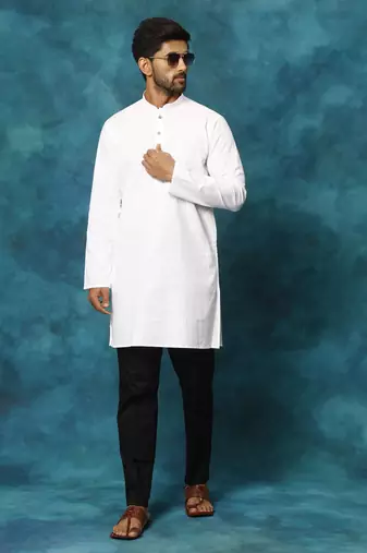 Men'S White And Black Cotton Blend Kurta Pyjama Set