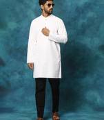 Men'S White And Black Cotton Blend Kurta Pyjama Set