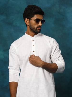Men'S White And Black Cotton Blend Kurta Pyjama Set 4