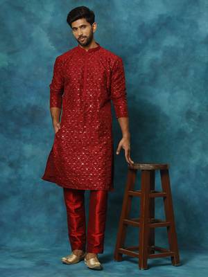 Maroon Silk Blend Kurta Pyjama Set 1