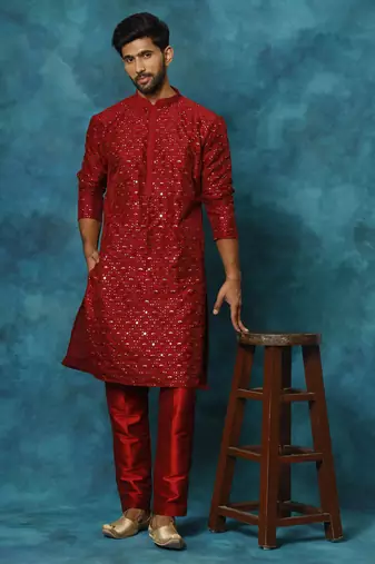 Maroon Silk Blend Kurta Pyjama Set