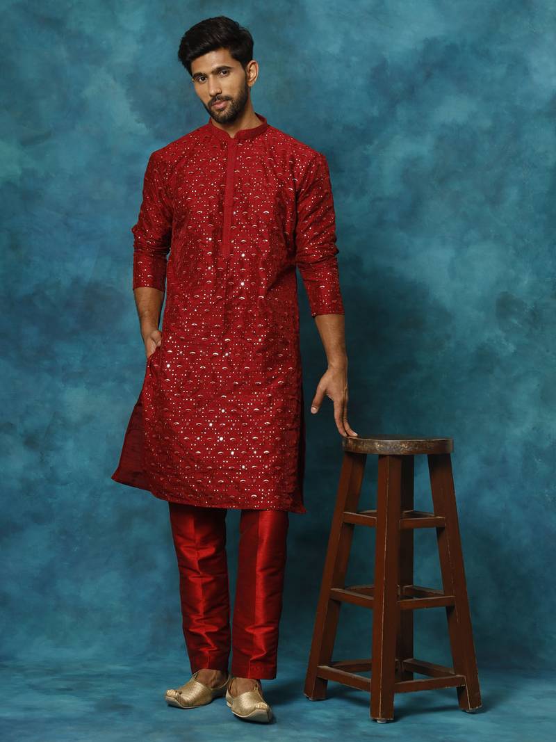 Maroon Silk Blend Kurta Pyjama Set