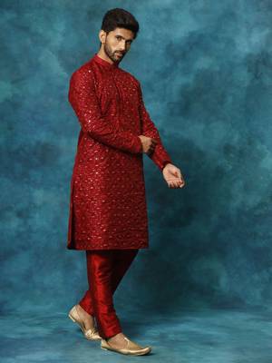 Maroon Silk Blend Kurta Pyjama Set 2