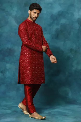 Maroon Silk Blend Kurta Pyjama Set