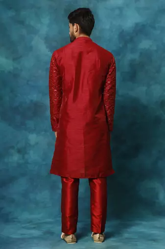 Maroon Silk Blend Kurta Pyjama Set