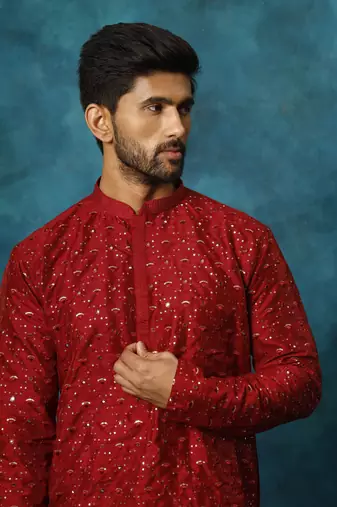 Maroon Silk Blend Kurta Pyjama Set