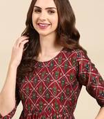 women's round neck ethnic motifs foil print maroon anarkali kurta and trouser
