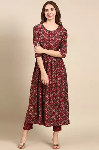 women's round neck ethnic motifs foil print maroon anarkali kurta and trouser