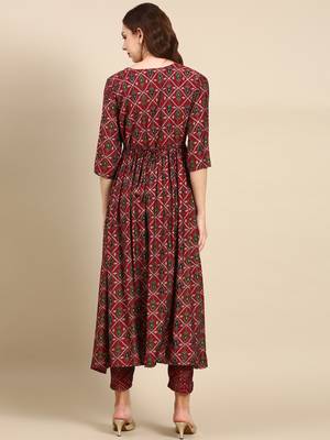 women's round neck ethnic motifs foil print maroon anarkali kurta and trouser 4