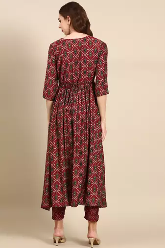 women's round neck ethnic motifs foil print maroon anarkali kurta and trouser