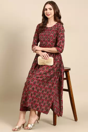 women's round neck ethnic motifs foil print maroon anarkali kurta and trouser