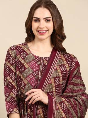 women's round neck geometric violet anarkali kurta and trouser with dupatta 1