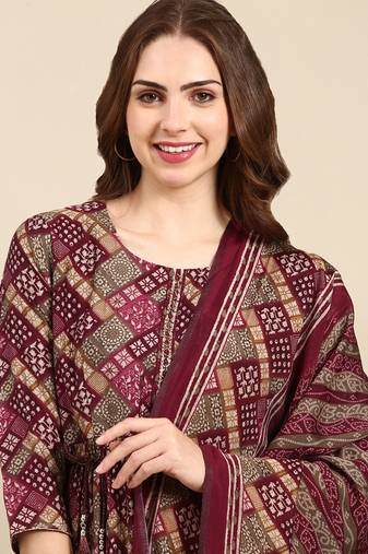 women's round neck geometric violet anarkali kurta and trouser with dupatta