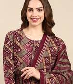 women's round neck geometric violet anarkali kurta and trouser with dupatta