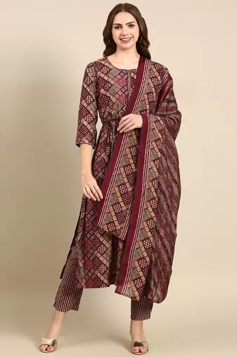 women's round neck geometric violet anarkali kurta and trouser with dupatta