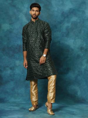 Green And Rose Gold Silk Blend Kurta Pyjama Set 1