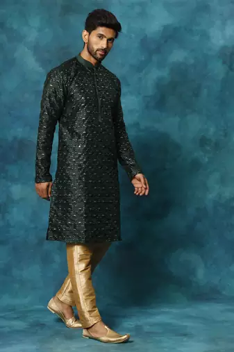 Green And Rose Gold Silk Blend Kurta Pyjama Set