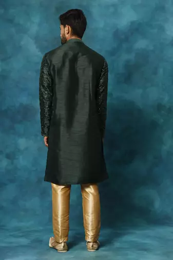 Green And Rose Gold Silk Blend Kurta Pyjama Set