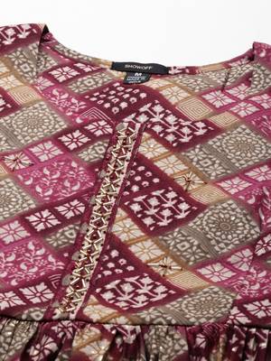 women's round neck geometric violet anarkali kurta and trouser with dupatta 3