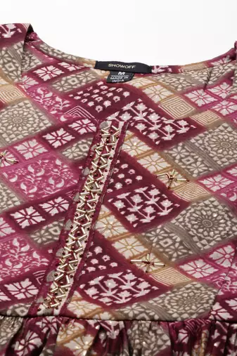 women's round neck geometric violet anarkali kurta and trouser with dupatta