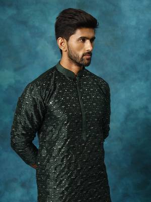 Green And Rose Gold Silk Blend Kurta Pyjama Set 4