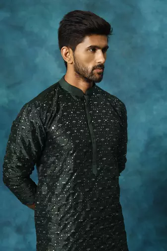 Green And Rose Gold Silk Blend Kurta Pyjama Set