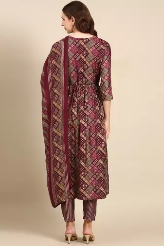 women's round neck geometric violet anarkali kurta and trouser with dupatta