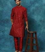 Maroon And Rose Gold Silk Blend Kurta Pyjama Set