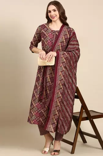 women's round neck geometric violet anarkali kurta and trouser with dupatta