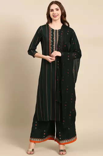 Showoff women's round neck striped foil print green straight kurta and palazzos with dupatta