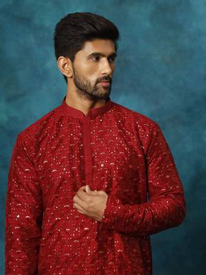 Maroon And Rose Gold Silk Blend Kurta Pyjama Set 4