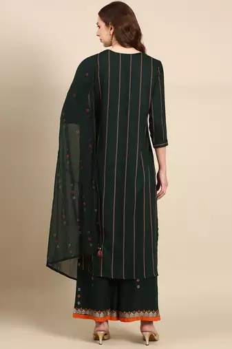 Showoff women's round neck striped foil print green straight kurta and palazzos with dupatta