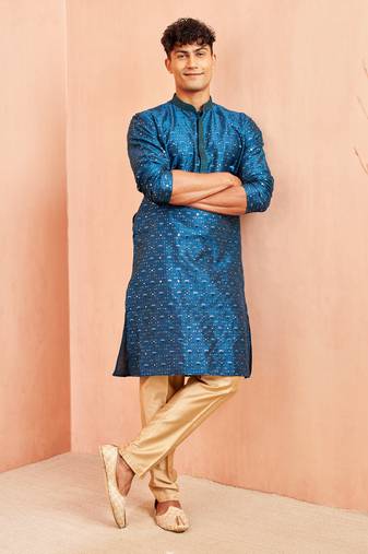 Navy Blue And Rose Gold Silk Blend Kurta Pyjama Set