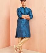 Navy Blue And Rose Gold Silk Blend Kurta Pyjama Set