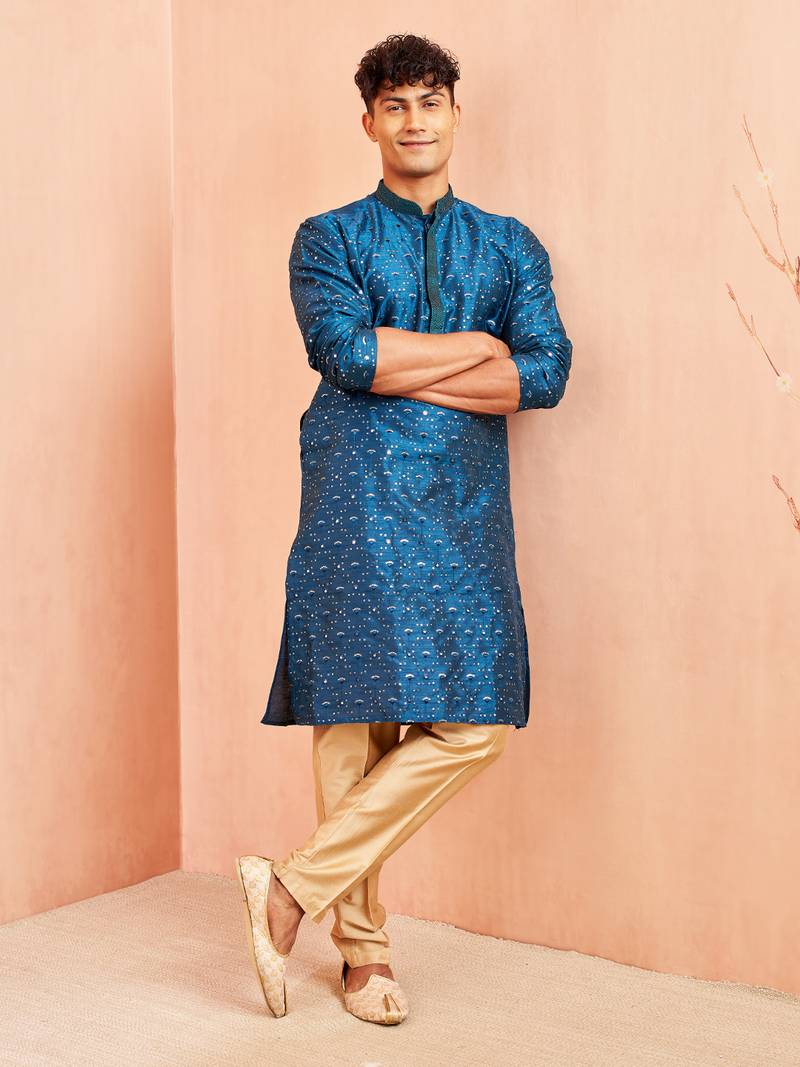Navy Blue And Rose Gold Silk Blend Kurta Pyjama Set